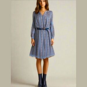 Orange Creek Blue Floral Lace Trimmed Long Sleeve Peasant Prairie Dress Belt med